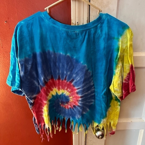 Spirit Brand Multicolored Rainbow Tie Dye Fringe Hem Short Sleeve Top - Picture 6 of 10